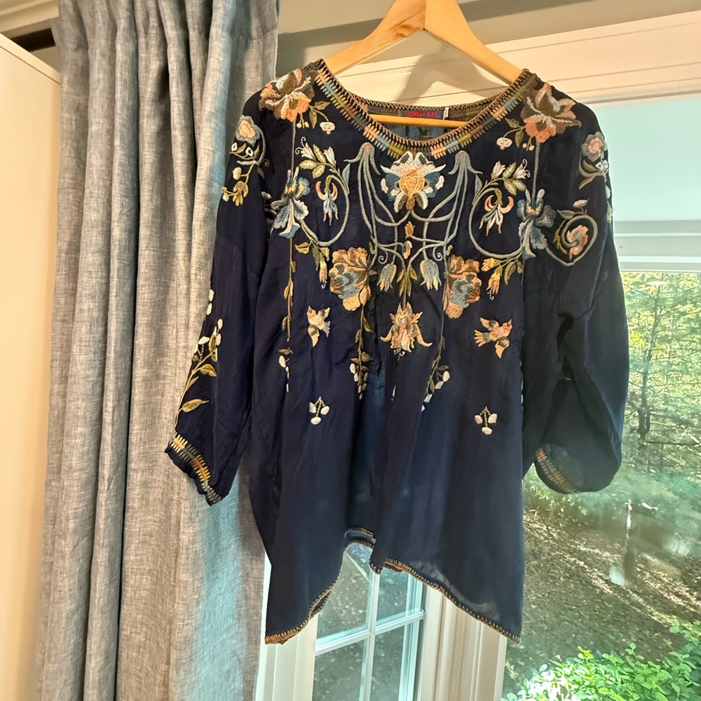 Johnny Was Dark Blue Floral Embroidered Blouse
